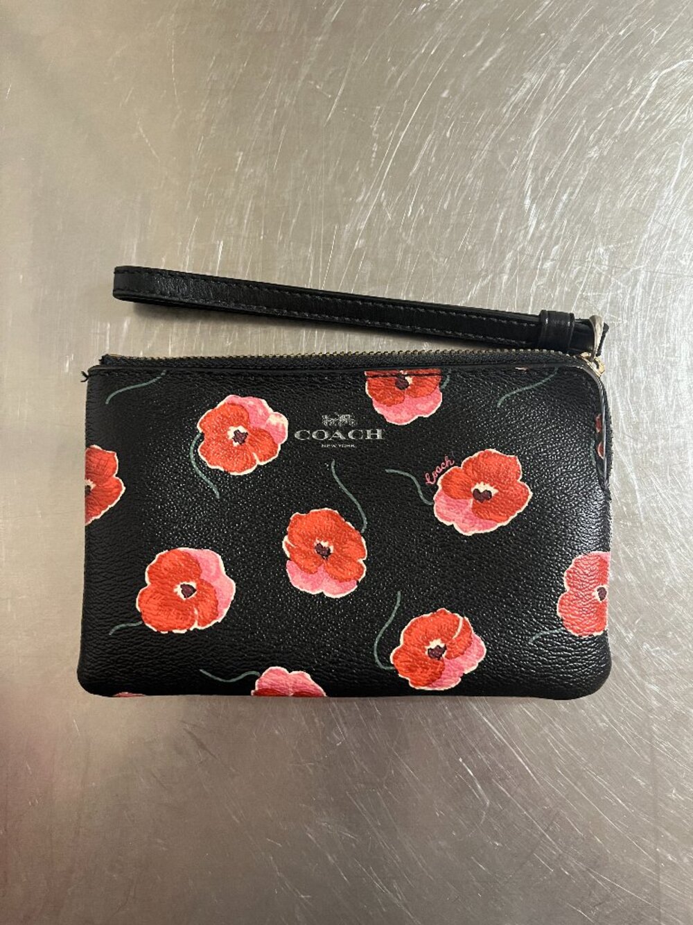 COACH Red Poppy Floral Print Black Corner Zip Wristlet Wallet Purse